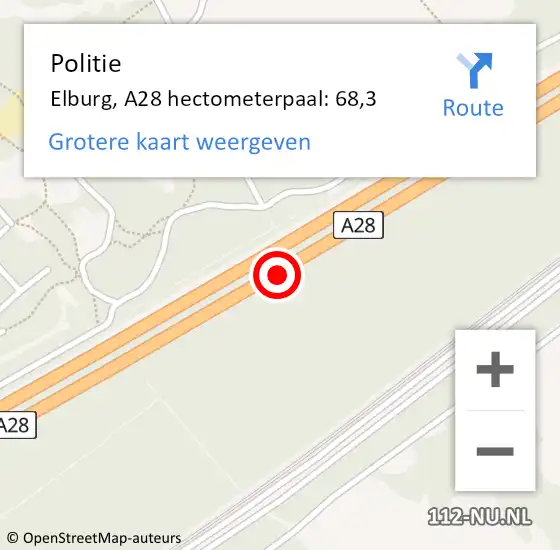 Locatie op kaart van de 112 melding: Politie Elburg, A28 hectometerpaal: 68,3 op 19 november 2023 20:09