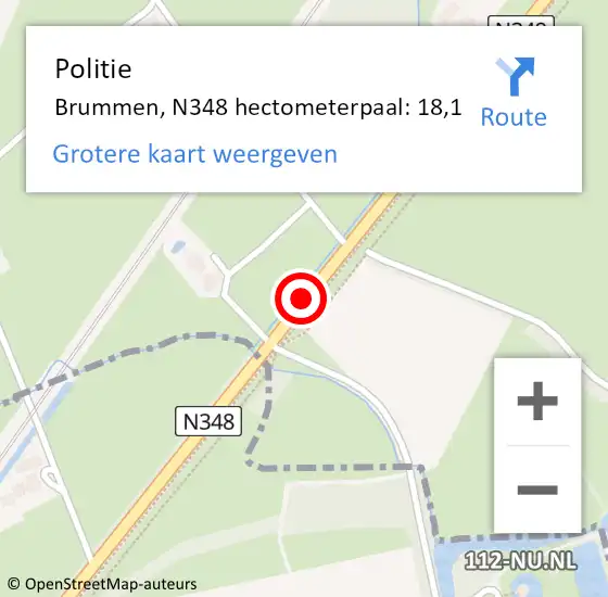 Locatie op kaart van de 112 melding: Politie Brummen, N348 hectometerpaal: 18,1 op 20 november 2023 07:19