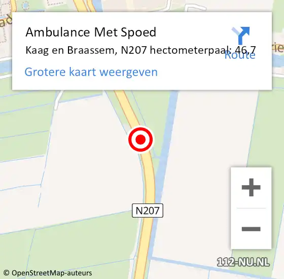 Locatie op kaart van de 112 melding: Ambulance Met Spoed Naar Kaag en Braassem, N207 hectometerpaal: 46,7 op 20 november 2023 17:27