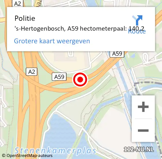 Locatie op kaart van de 112 melding: Politie 's-Hertogenbosch, A59 hectometerpaal: 140,2 op 21 november 2023 07:42