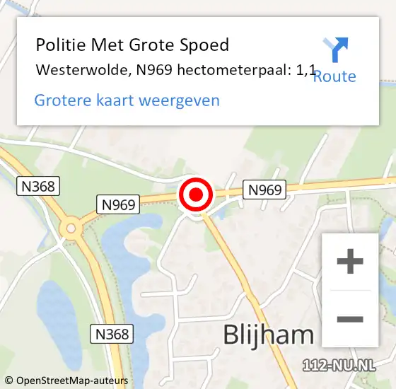 Locatie op kaart van de 112 melding: Politie Met Grote Spoed Naar Westerwolde, N969 hectometerpaal: 1,1 op 21 november 2023 08:06