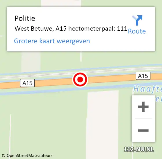 Locatie op kaart van de 112 melding: Politie West Betuwe, A15 hectometerpaal: 111 op 21 november 2023 08:21