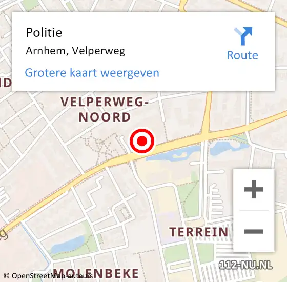 Locatie op kaart van de 112 melding: Politie Arnhem, Velperweg op 21 november 2023 11:24