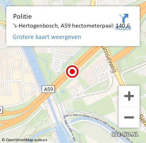 Locatie op kaart van de 112 melding: Politie 's-Hertogenbosch, A59 hectometerpaal: 140,6 op 21 november 2023 16:48