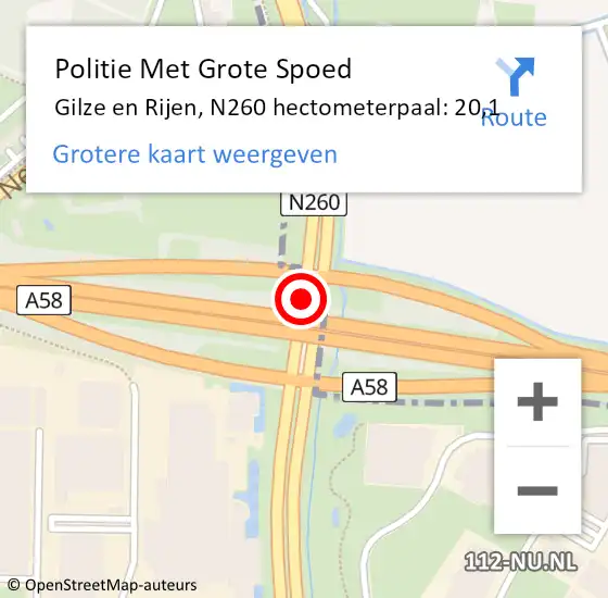 Locatie op kaart van de 112 melding: Politie Met Grote Spoed Naar Gilze en Rijen, N260 hectometerpaal: 20,1 op 21 november 2023 17:02