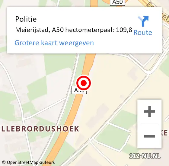 Locatie op kaart van de 112 melding: Politie Meierijstad, A50 hectometerpaal: 109,8 op 21 november 2023 17:24