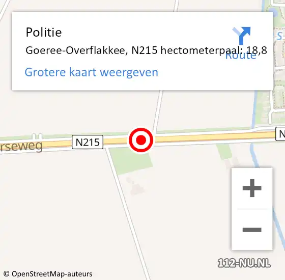 Locatie op kaart van de 112 melding: Politie Goeree-Overflakkee, N215 hectometerpaal: 18,8 op 21 november 2023 19:25