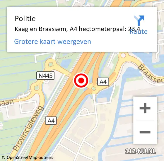 Locatie op kaart van de 112 melding: Politie Kaag en Braassem, A4 hectometerpaal: 23,4 op 22 november 2023 13:07