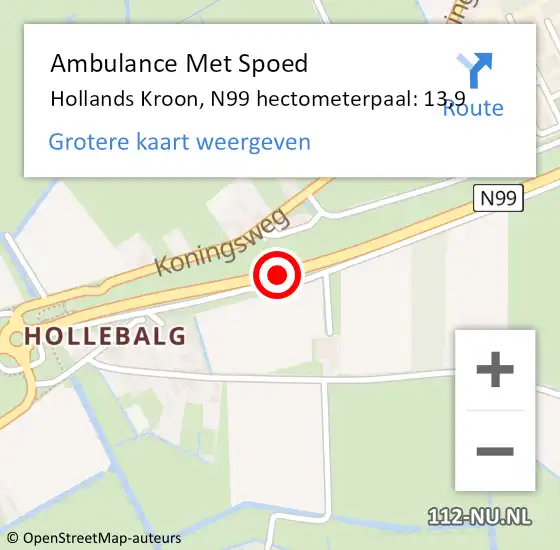 Locatie op kaart van de 112 melding: Ambulance Met Spoed Naar Hollands Kroon, N99 hectometerpaal: 13,9 op 22 november 2023 17:03