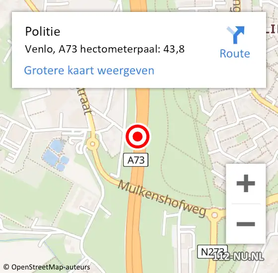 Locatie op kaart van de 112 melding: Politie Venlo, A73 hectometerpaal: 43,8 op 22 november 2023 17:56