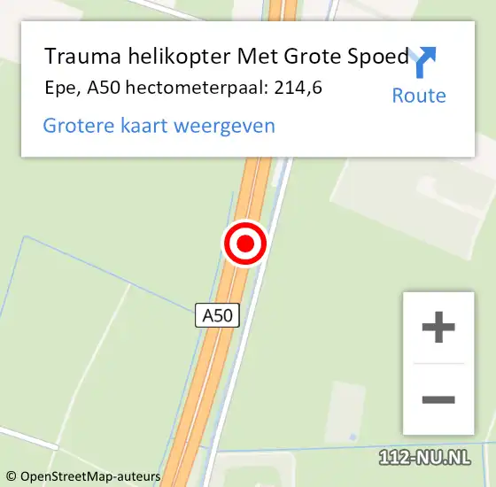 Locatie op kaart van de 112 melding: Trauma helikopter Met Grote Spoed Naar Epe, A50 hectometerpaal: 214,6 op 22 november 2023 19:45