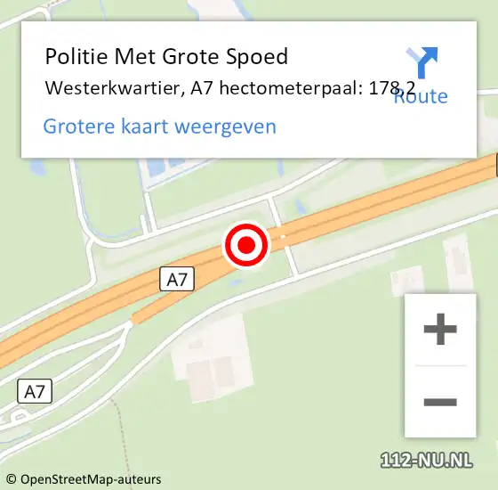 Locatie op kaart van de 112 melding: Politie Met Grote Spoed Naar Westerkwartier, A7 hectometerpaal: 178,2 op 23 november 2023 08:35