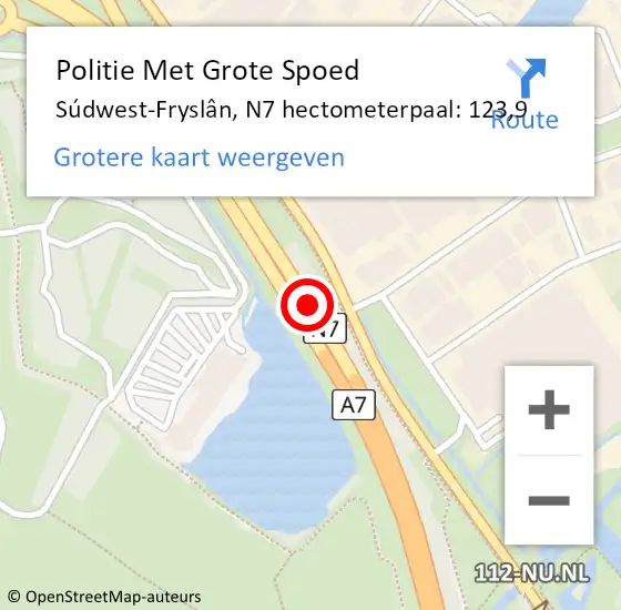 Locatie op kaart van de 112 melding: Politie Met Grote Spoed Naar Súdwest-Fryslân, N7 hectometerpaal: 123,9 op 23 november 2023 17:33