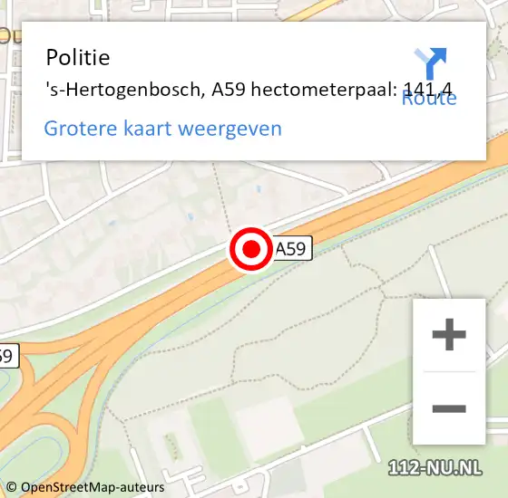 Locatie op kaart van de 112 melding: Politie 's-Hertogenbosch, A59 hectometerpaal: 141,4 op 23 november 2023 17:44