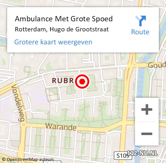 Locatie op kaart van de 112 melding: Ambulance Met Grote Spoed Naar Rotterdam, Hugo de Grootstraat op 23 november 2023 21:51