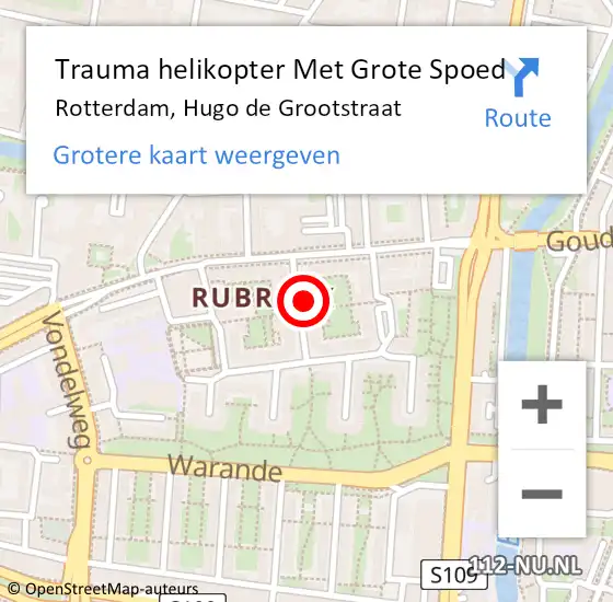 Locatie op kaart van de 112 melding: Trauma helikopter Met Grote Spoed Naar Rotterdam, Hugo de Grootstraat op 23 november 2023 21:52