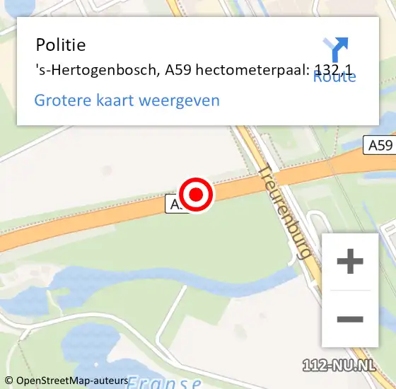 Locatie op kaart van de 112 melding: Politie 's-Hertogenbosch, A59 hectometerpaal: 132,1 op 24 november 2023 10:15