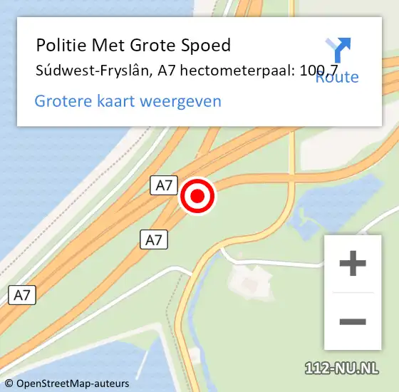 Locatie op kaart van de 112 melding: Politie Met Grote Spoed Naar Súdwest-Fryslân, A7 hectometerpaal: 100,7 op 24 november 2023 14:22