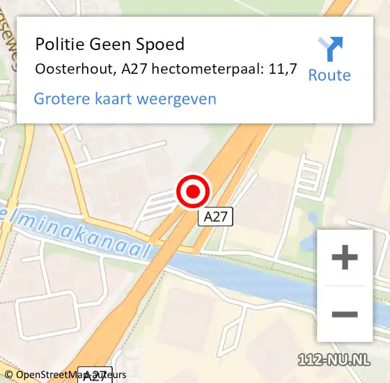 Locatie op kaart van de 112 melding: Politie Geen Spoed Naar Oosterhout, A27 hectometerpaal: 11,7 op 24 november 2023 14:22