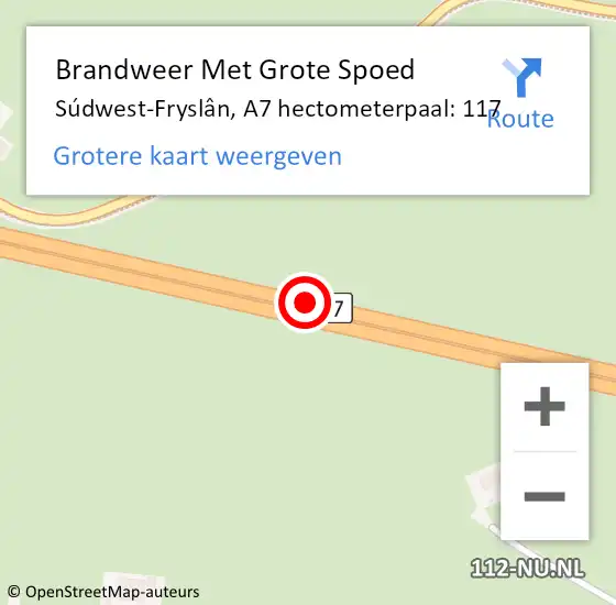 Locatie op kaart van de 112 melding: Brandweer Met Grote Spoed Naar Súdwest-Fryslân, A7 hectometerpaal: 117 op 24 november 2023 14:24