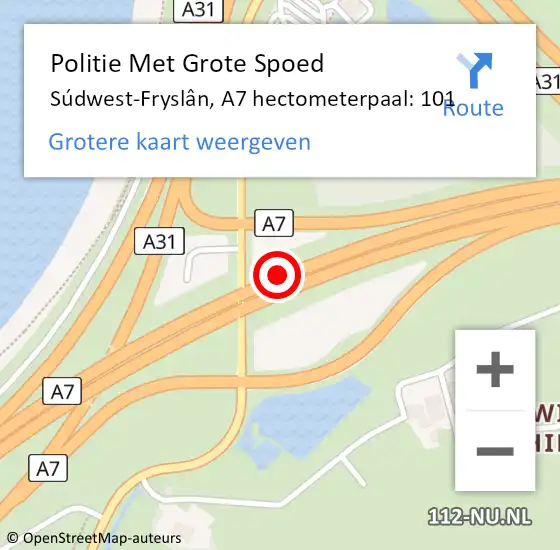 Locatie op kaart van de 112 melding: Politie Met Grote Spoed Naar Súdwest-Fryslân, A7 hectometerpaal: 101 op 24 november 2023 14:25