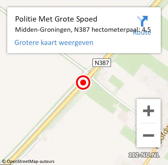 Locatie op kaart van de 112 melding: Politie Met Grote Spoed Naar Midden-Groningen, N387 hectometerpaal: 4,5 op 24 november 2023 14:30