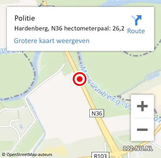Locatie op kaart van de 112 melding: Politie Hardenberg, N36 hectometerpaal: 26,2 op 24 november 2023 16:17