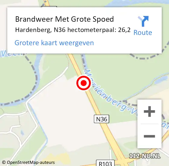 Locatie op kaart van de 112 melding: Brandweer Met Grote Spoed Naar Hardenberg, N36 hectometerpaal: 26,2 op 24 november 2023 16:19