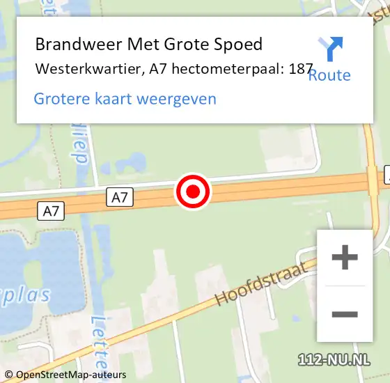 Locatie op kaart van de 112 melding: Brandweer Met Grote Spoed Naar Westerkwartier, A7 hectometerpaal: 187 op 24 november 2023 16:57
