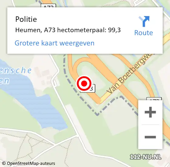 Locatie op kaart van de 112 melding: Politie Heumen, A73 hectometerpaal: 99,3 op 24 november 2023 21:07