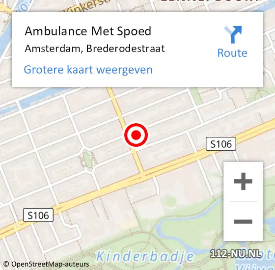 Locatie op kaart van de 112 melding: Ambulance Met Spoed Naar Amsterdam, Brederodestraat op 24 november 2023 21:18