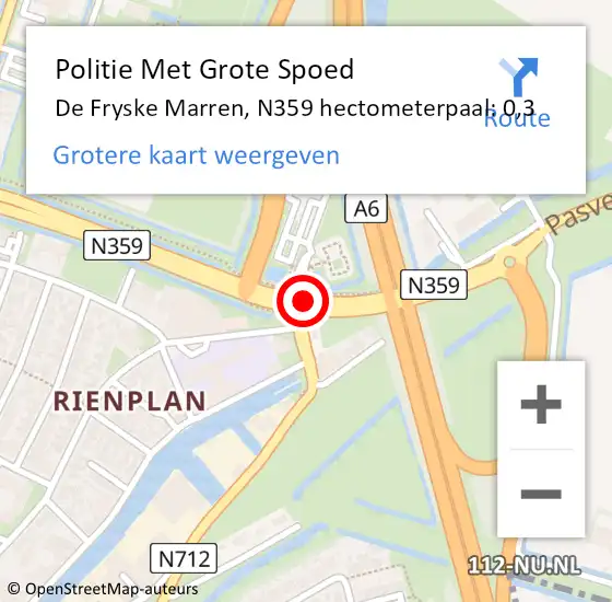 Locatie op kaart van de 112 melding: Politie Met Grote Spoed Naar De Fryske Marren, N359 hectometerpaal: 0,3 op 26 november 2023 18:19