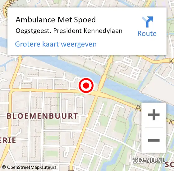 Locatie op kaart van de 112 melding: Ambulance Met Spoed Naar Oegstgeest, President Kennedylaan op 26 november 2023 19:42
