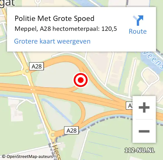 Locatie op kaart van de 112 melding: Politie Met Grote Spoed Naar Meppel, A28 hectometerpaal: 120,5 op 26 november 2023 19:51