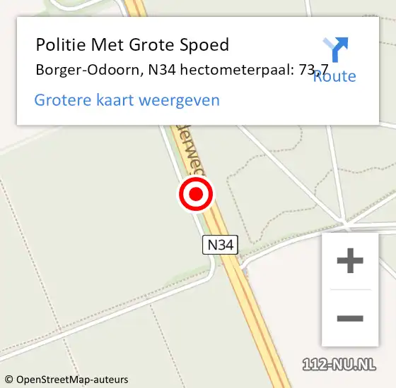 Locatie op kaart van de 112 melding: Politie Met Grote Spoed Naar Borger-Odoorn, N34 hectometerpaal: 73,7 op 26 november 2023 20:58