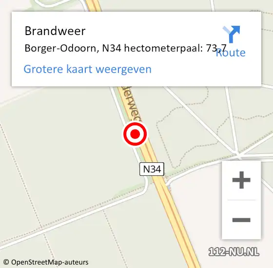 Locatie op kaart van de 112 melding: Brandweer Borger-Odoorn, N34 hectometerpaal: 73,7 op 26 november 2023 21:41