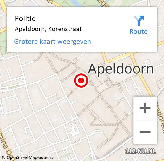 Locatie op kaart van de 112 melding: Politie Apeldoorn, Korenstraat op 27 november 2023 00:35
