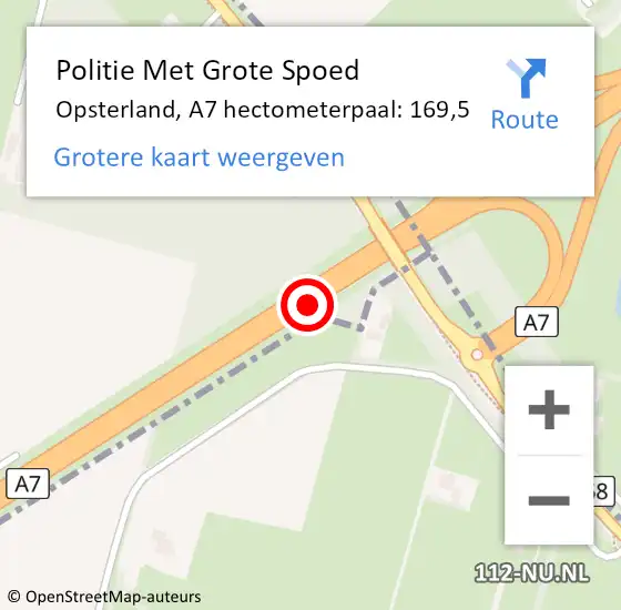 Locatie op kaart van de 112 melding: Politie Met Grote Spoed Naar Opsterland, A7 hectometerpaal: 169,5 op 27 november 2023 07:43