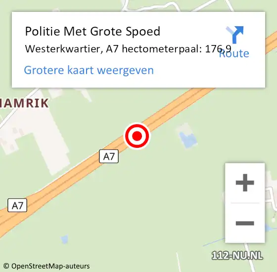 Locatie op kaart van de 112 melding: Politie Met Grote Spoed Naar Westerkwartier, A7 hectometerpaal: 176,9 op 27 november 2023 08:26