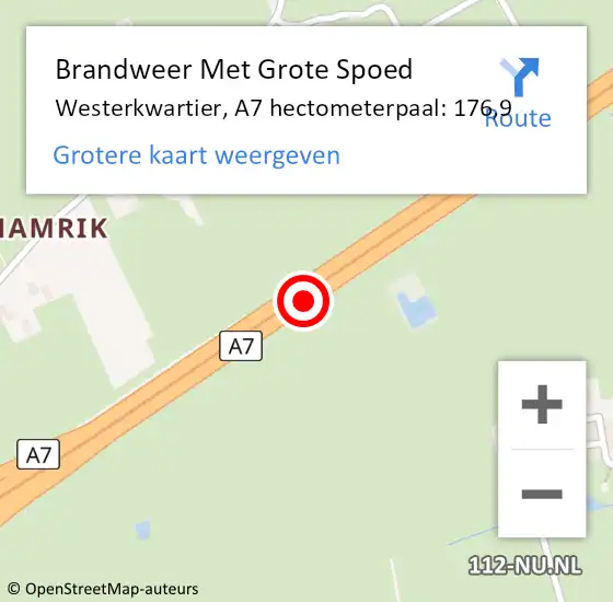 Locatie op kaart van de 112 melding: Brandweer Met Grote Spoed Naar Westerkwartier, A7 hectometerpaal: 176,9 op 27 november 2023 08:26