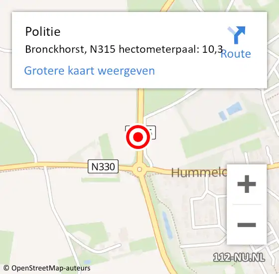 Locatie op kaart van de 112 melding: Politie Bronckhorst, N315 hectometerpaal: 10,3 op 27 november 2023 08:34