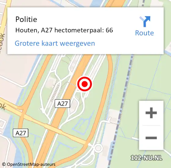 Locatie op kaart van de 112 melding: Politie Houten, A27 hectometerpaal: 66 op 27 november 2023 12:10