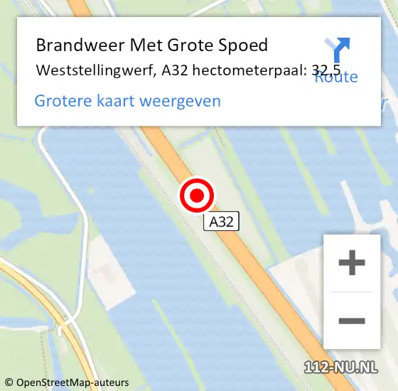Locatie op kaart van de 112 melding: Brandweer Met Grote Spoed Naar Weststellingwerf, A32 hectometerpaal: 32,5 op 27 november 2023 12:18