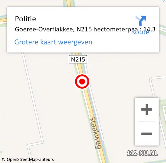 Locatie op kaart van de 112 melding: Politie Goeree-Overflakkee, N215 hectometerpaal: 14,3 op 27 november 2023 17:39