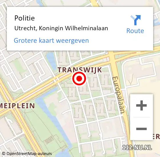 Locatie op kaart van de 112 melding: Politie Utrecht, Koningin Wilhelminalaan op 27 november 2023 18:24
