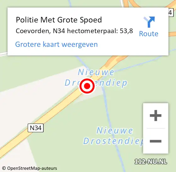 Locatie op kaart van de 112 melding: Politie Met Grote Spoed Naar Coevorden, N34 hectometerpaal: 53,8 op 27 november 2023 23:49