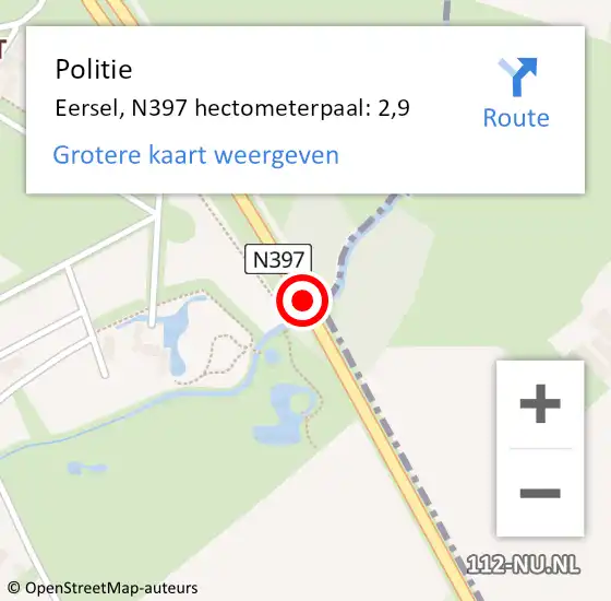 Locatie op kaart van de 112 melding: Politie Eersel, N397 hectometerpaal: 2,9 op 28 november 2023 07:02