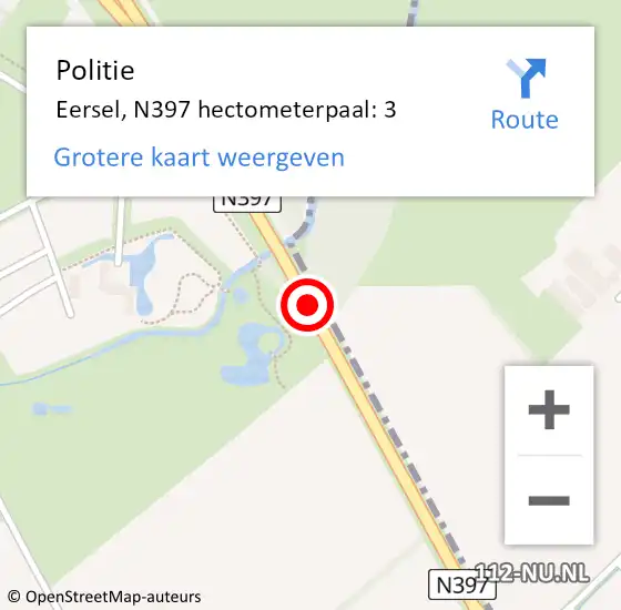 Locatie op kaart van de 112 melding: Politie Eersel, N397 hectometerpaal: 3 op 28 november 2023 09:21
