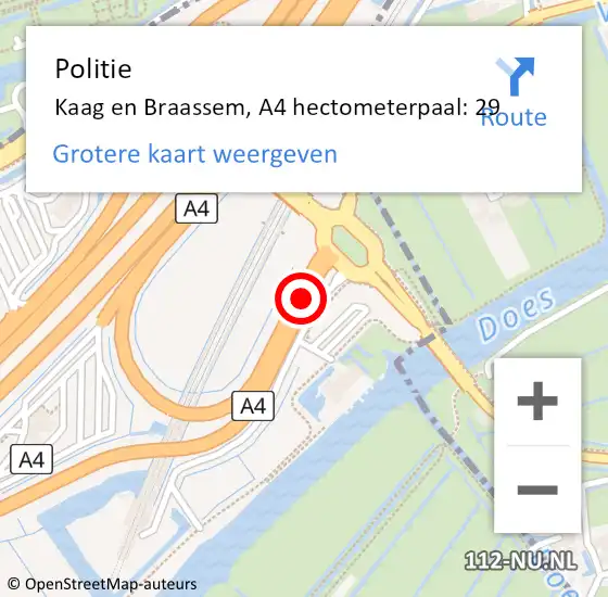 Locatie op kaart van de 112 melding: Politie Kaag en Braassem, A4 hectometerpaal: 29 op 28 november 2023 11:23