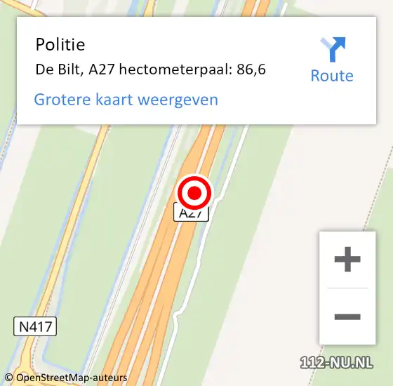 Locatie op kaart van de 112 melding: Politie De Bilt, A27 hectometerpaal: 86,6 op 28 november 2023 17:29